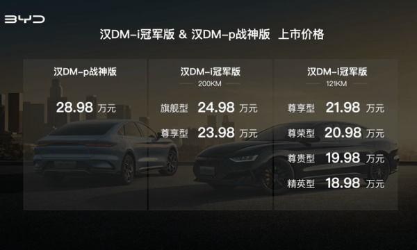 纯电续航200公里售18.98万起，新款比亚迪汉DM双车上市